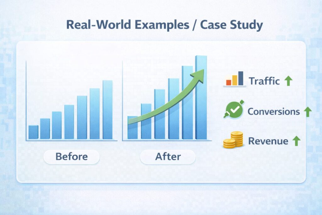 Before and after chart showing growth in traffic, conversions, and revenue