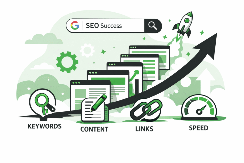 Illustration showing seo concepts that drive ranking including keywords, content, backlinks, and technical SEO