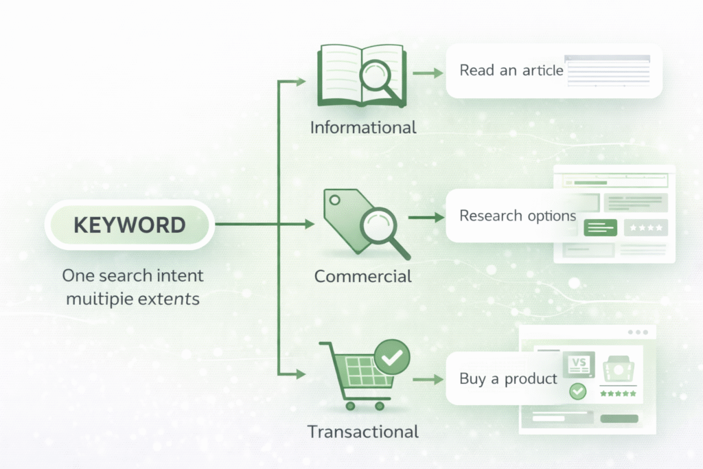 Different types of search intent including informational, navigational, commercial, and transactional - RKDMT