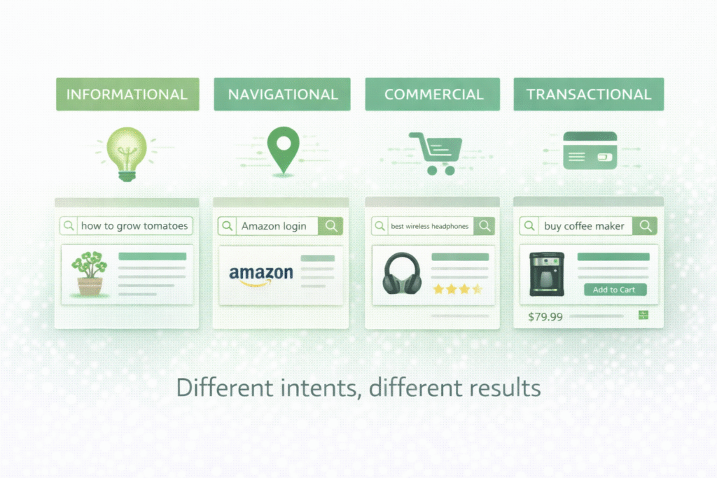 Different types of search intent including informational, navigational, commercial, and transactional - RKDMT