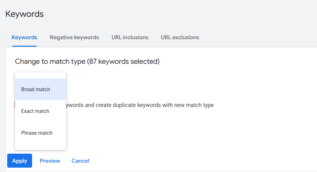 Google Ads Keywords and match types