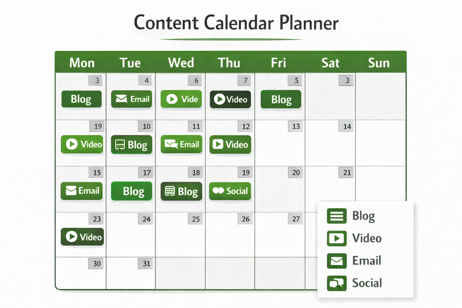 Monthly content calendar planner mockup with scheduled blog, social, and email posts- RKDMT