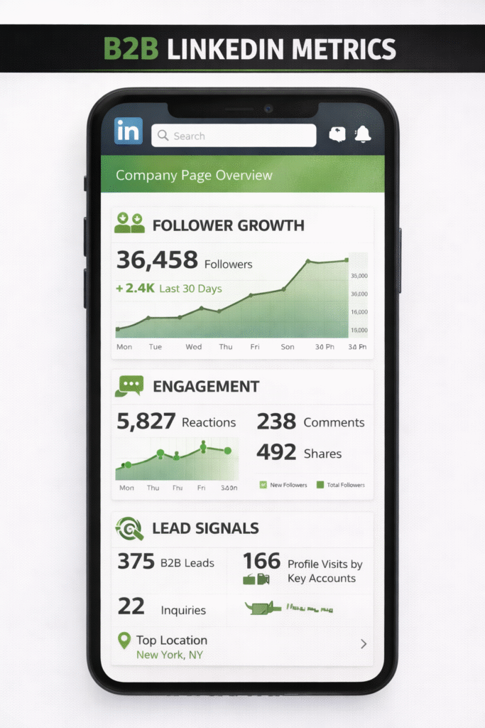LinkedIn analytics dashboard showing B2B engagement and follower growth-RKDMT
