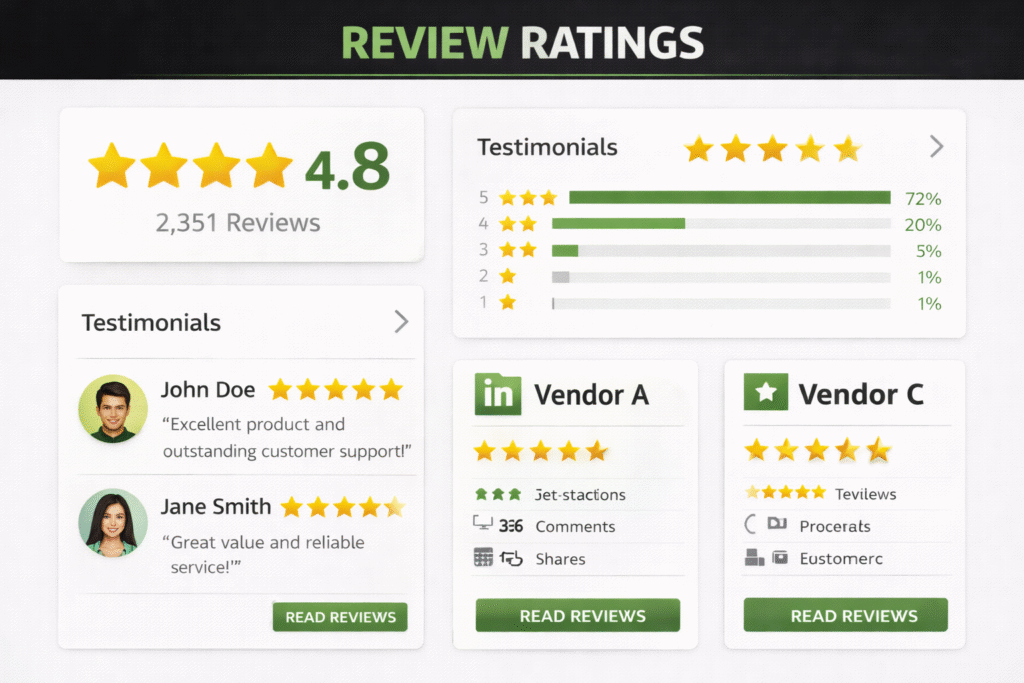 B2B review platform interface showing ratings and testimonials-RKDMT