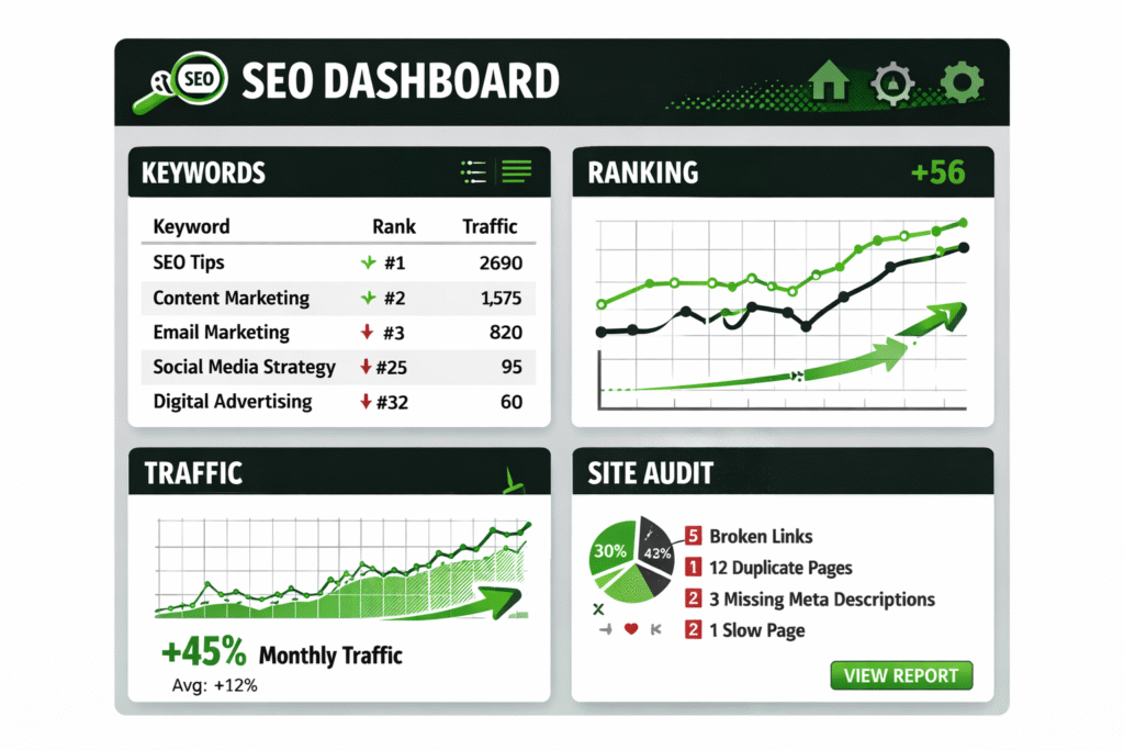 SEO tools dashboard showing keyword rankings, traffic insights, and site audit data-RKDMT