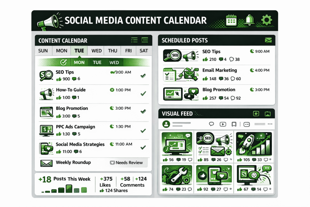 Social media scheduling dashboard with planned posts and engagement analytics-RKDMT