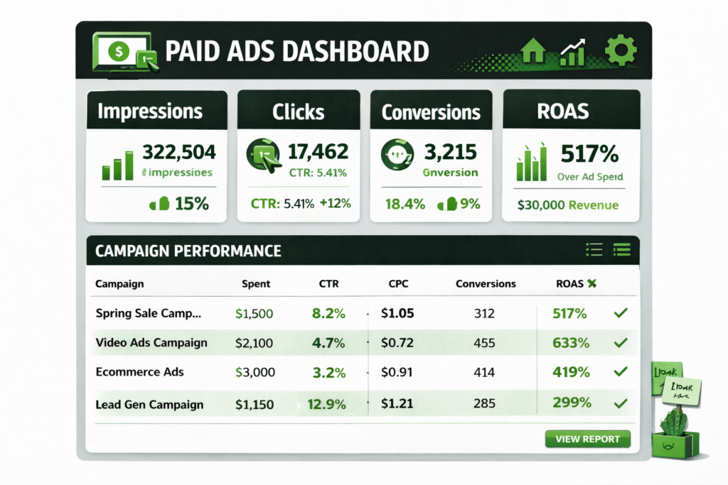 Paid advertising dashboard showing impressions, clicks, CTR, CPC, and conversions-RKDMT