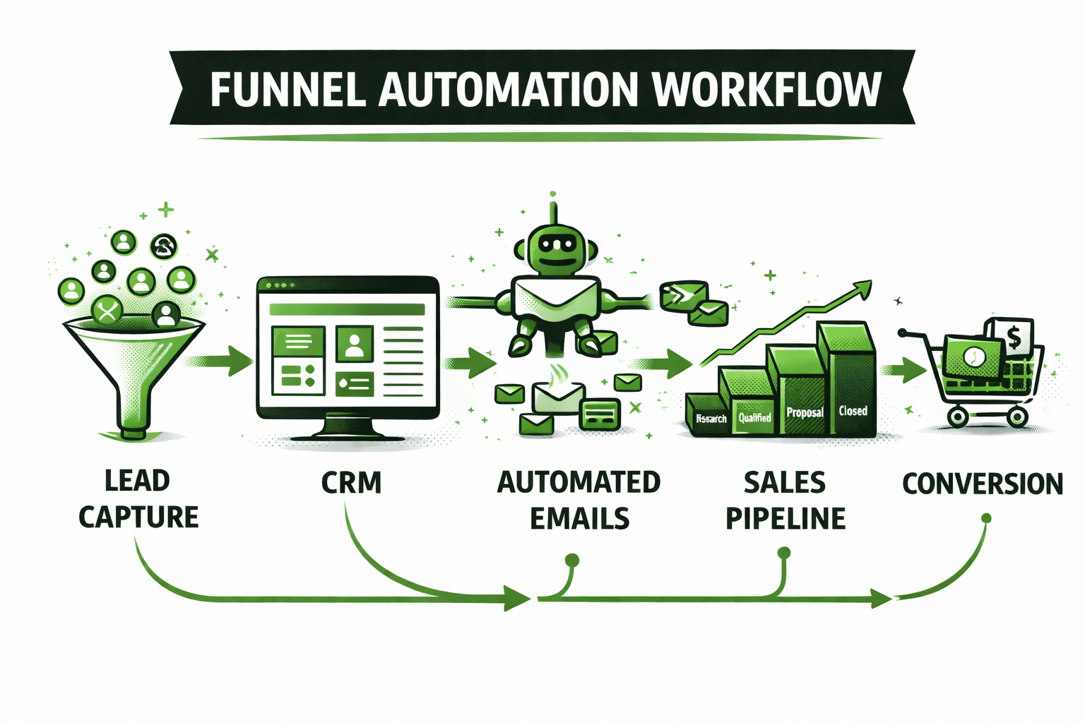 CRM automation workflow showing lead capture, email automation, and sales pipeline-RKDMT