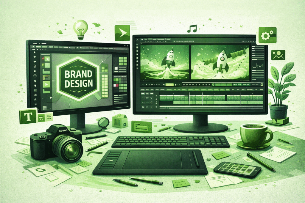 Graphic design and video editing workspace showing Canva designs and video timeline-RKDMT