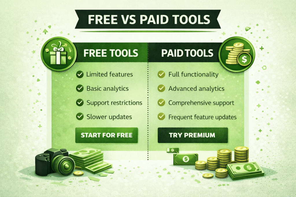 Comparison infographic showing free vs paid digital marketing tools and benefits-RKDMT