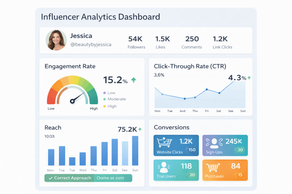 Influencer analytics dashboard tracking engagement and performance for influencer strategies to learn digital marketing-RKMDT