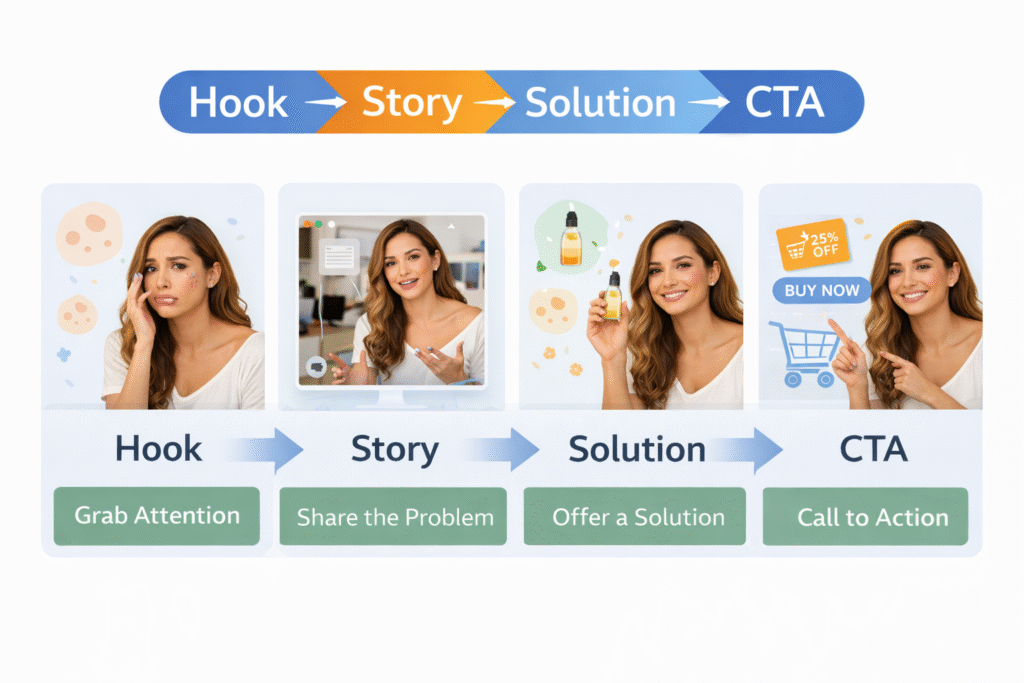 Influencer storytelling storyboard showing hook, narrative, and CTA for influencer strategies to learn digital marketing-RKDMT