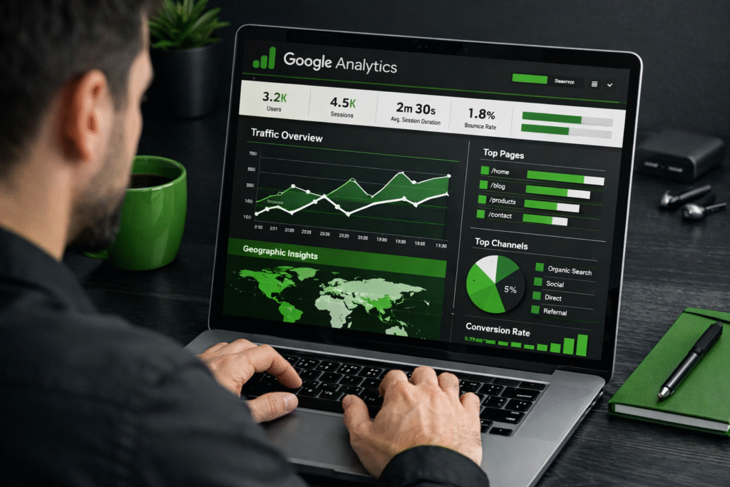Google Analytics dashboard showing data-driven business growth funnel - RKDMT