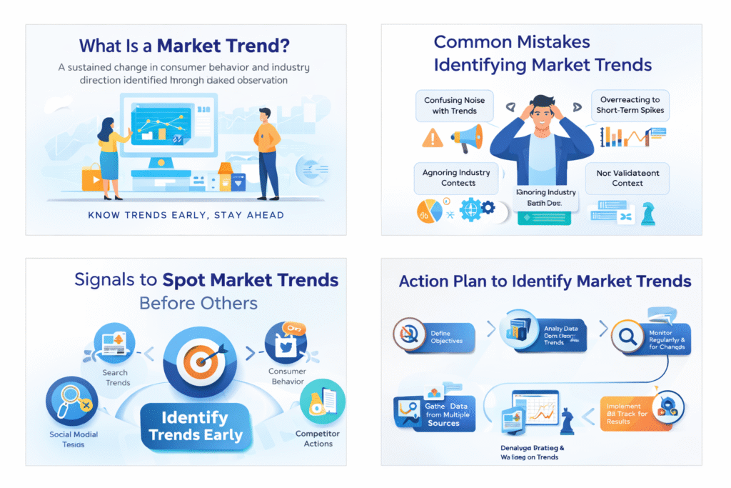 Market trend analysis infographic with steps, signals, and errors businesses should avoid.