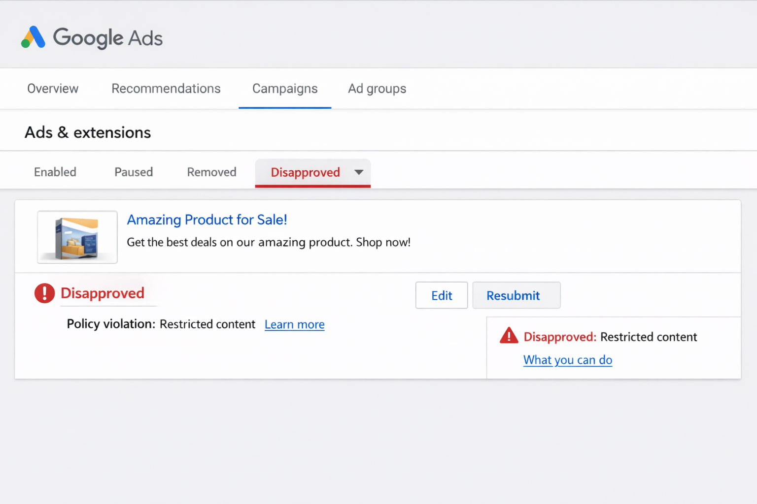 Google Ads Disapproved Ads status in campaign dashboard- RKDMT