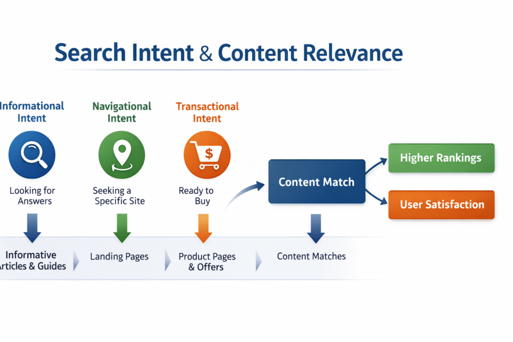 An infographic titled "Search Intent & Content Relevance" that illustrates the relationship between user needs and website content types to achieve SEO success.- RKDMT