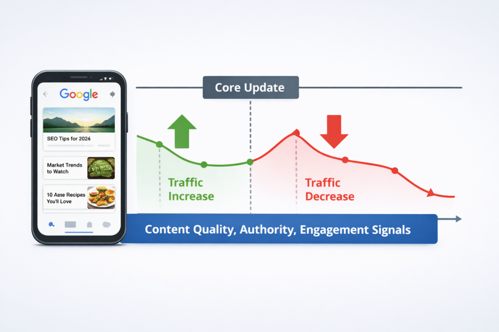 Google Discover feed showing traffic increase and decrease after core update highlighting content quality, authority, and engagement signals impact -RKDMT