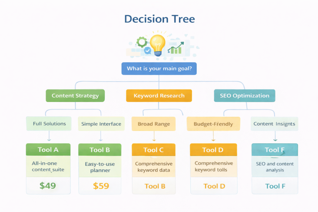 decision tree diagram helping marketers choose AI tools for content planning and research based on goals