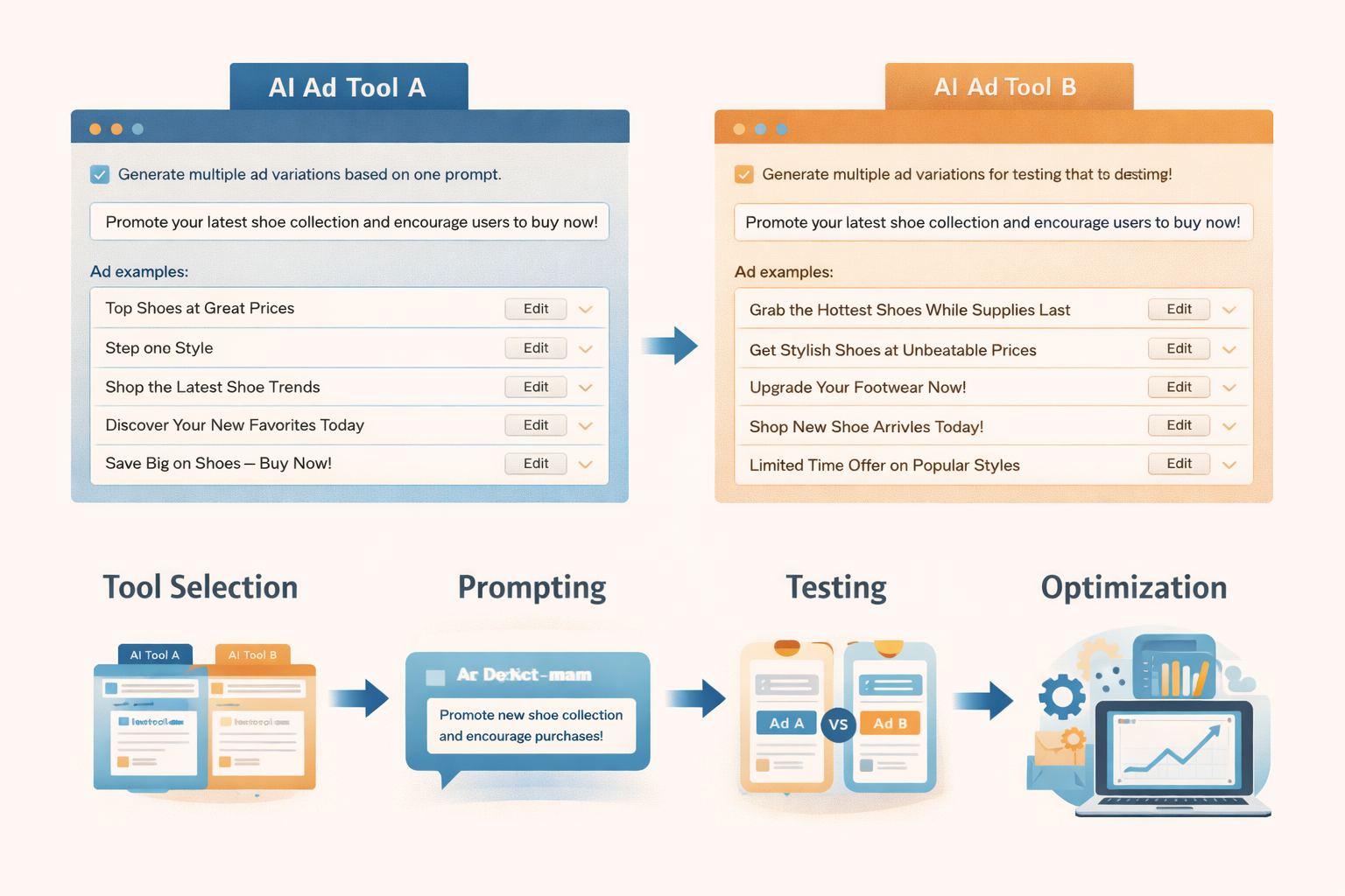 UI mockup comparing two AI ad tools displaying prompt input and multiple generated ad copy variations for campaign testing -RKDMT