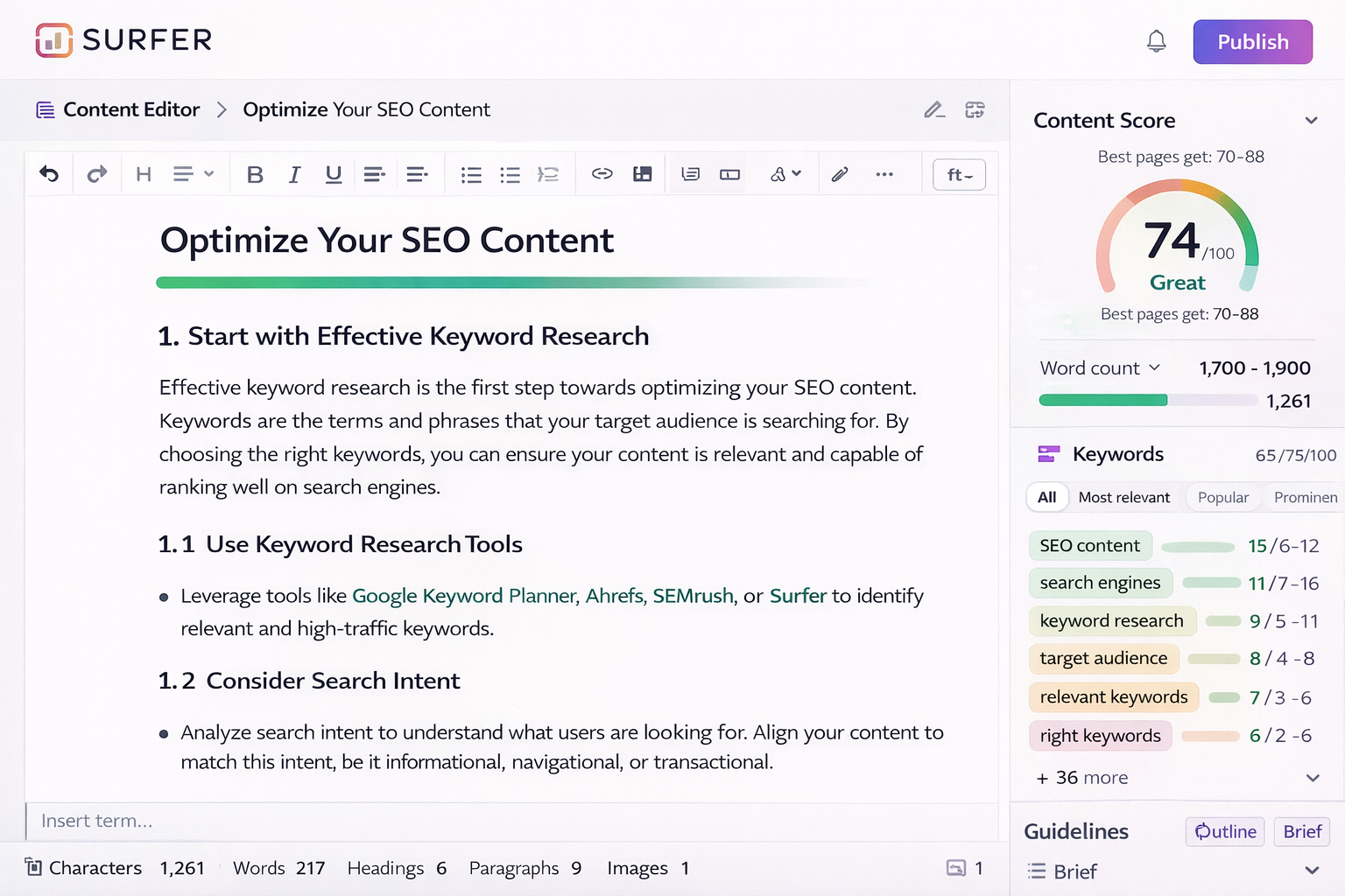 Surfer content editor interface showing SEO content score, keyword suggestions, and on-page optimization recommendations - RKDMT