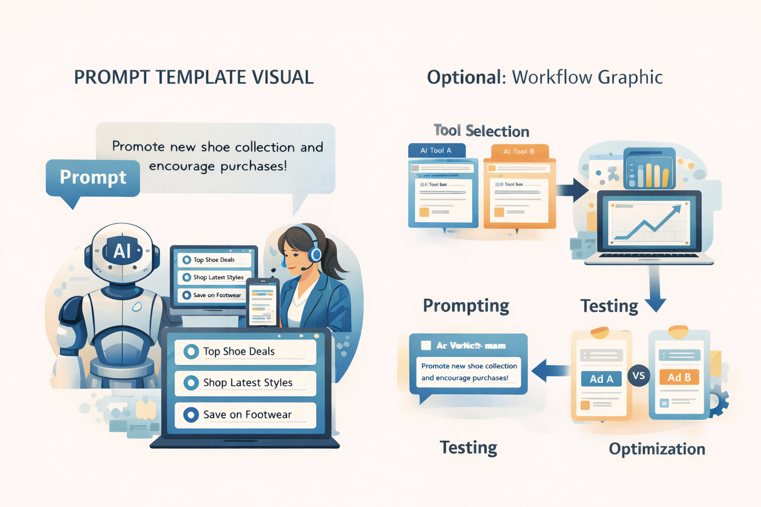 Illustration showing an AI prompt template used to generate multiple advertising headlines and descriptions from a single structured prompt -RKDMT
