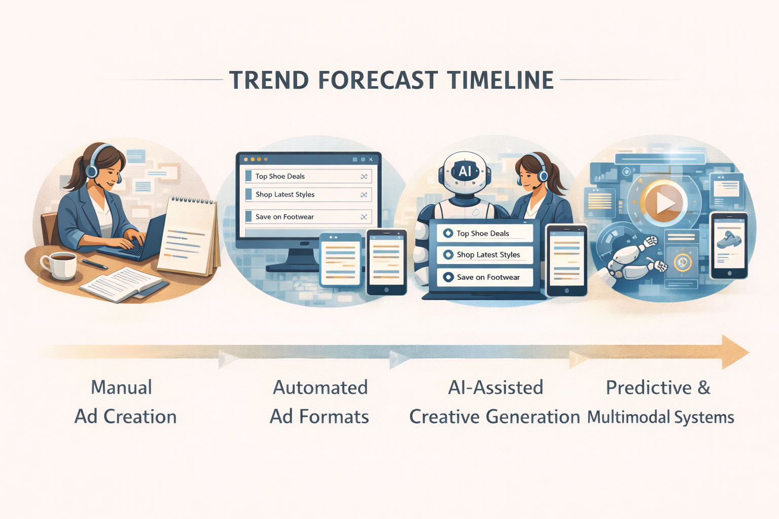 Future of Digital Advertising Timeline from Manual Ads to Trend forecast timeline showing progression of advertising technology from manual ad creation to automated formats, AI assisted creative generation, and predictive multimodal advertising systems -RKDMT 
