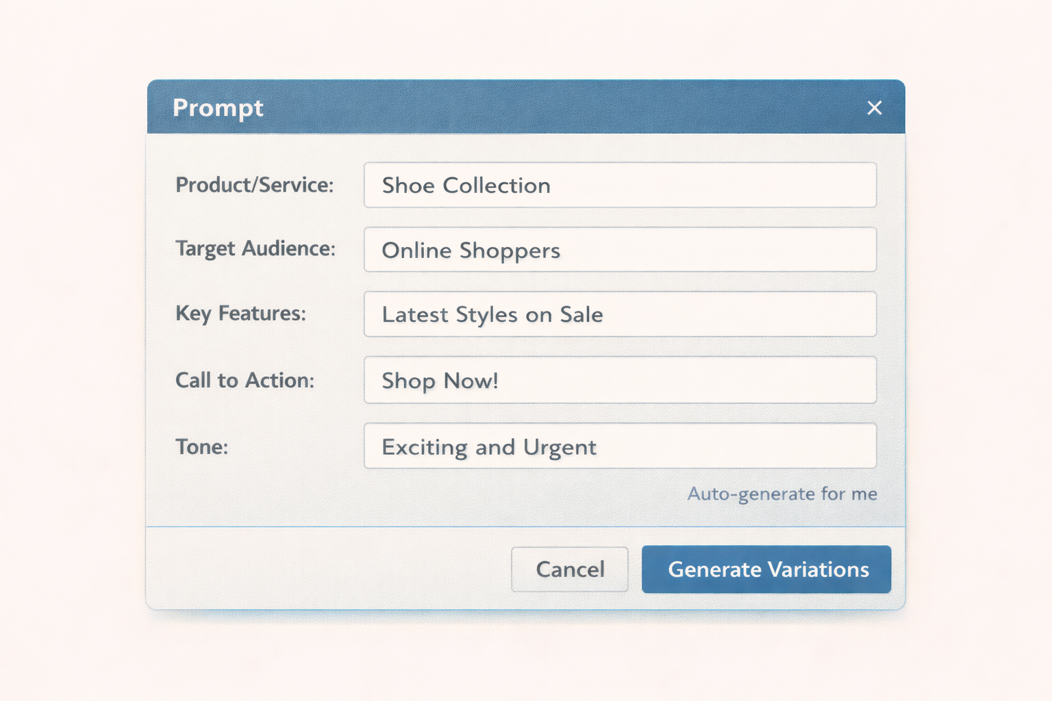 Screenshot style interface showing structured fields such as product, target audience, key features, call to action, and tone for generating AI ad variations -RKDMT
