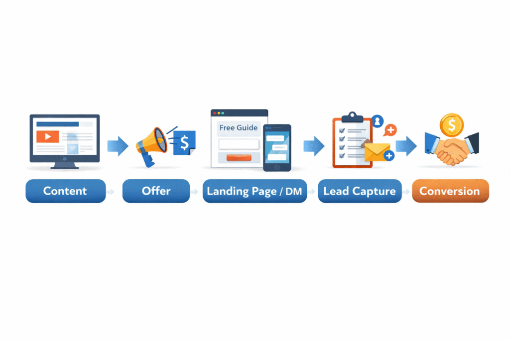 Step-by-step marketing funnel journey from content creation to offer, lead capture, and final conversion-RKDMT