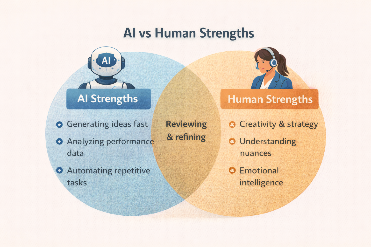 Venn diagram comparing strengths of AI and humans in advertising including automation and data analysis versus creativity, strategy, and emotional intelligence -RKDMT