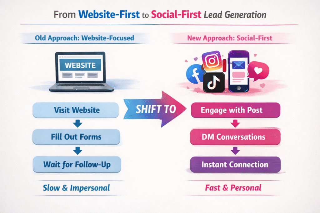 Comparison of traditional website-first marketing funnel versus social-first lead generation using content, DMs, and instant engagement- RKDMT
